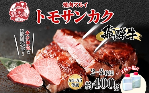 飛騨牛 トモサンカク ステーキ 約400g 2～3枚切り 肉 牛肉 和牛 ブランド牛 お肉 ビーフ A4ランク A5ランク 国産 お取り寄せ ご褒美 豪華 グルメ 焼肉 BBQ パーティー ギフト 人気 贈り物 自家用 贈答用 御礼 プレゼント 送料無料 焼肉マルイ 岐阜県 安八町
