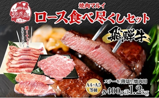 飛騨牛 ロース 食べつくし 約1.2kg ステーキ 薄切り 焼肉用 各約400g A4ランク A5ランク お肉 牛肉 和牛 国産 ブランド牛 お家焼肉 バーベキュー BBQ 柔らかい 霜降り 旨み 真空パック 冷蔵 タレ付き 自家用 ギフト 送料無料 焼肉マルイ 岐阜県 安八町