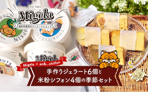 【Migela × en&...chiffon】手作りジェラート6個と米粉シフォン4個の季節セット ジェラート スイーツ 米粉 シフォン ケーキ アイス デザート Migela 静岡 袋井市