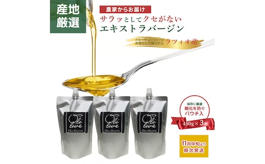 産地厳選 イタリア産エキストラバージンオリーブオイル 450g×3個 【11月中旬より順次発送】調味料 油 オリーブ油 食用油 静岡県 袋井市