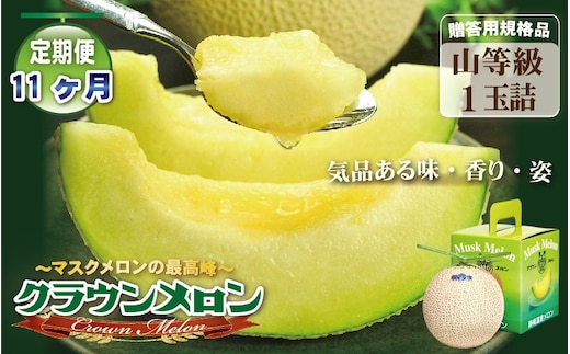 【11ヶ月定期便】クラウンメロン（山等級）１玉入 果物 フルーツ デザート メロン マスクメロン 青肉 高級 ギフト 贈り物 静岡県産 袋井市