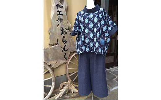 久留米絣と書生絣を利用した世界に1つの絣上下セット(ワイドパンツ、半袖ブラウス) ファッション 