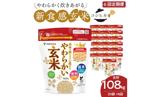 やわらかい玄米 900g×20袋 ※定期便6回 小分け 米 こめ コメ ごはん 栄養豊富 簡単 便利 美容 健康 新食感 もちもち 安心安全なヤマトライス H074-637