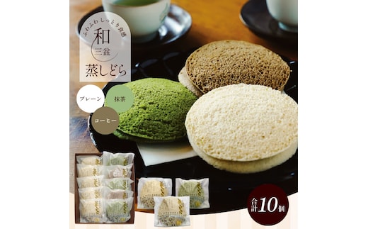 【蒸しどら3種 10個入 】和三盆 プレーン×5 抹茶×3 コーヒー×2 どら焼き 和菓子 餡 ふわふわ しっとり食感 H181-006
