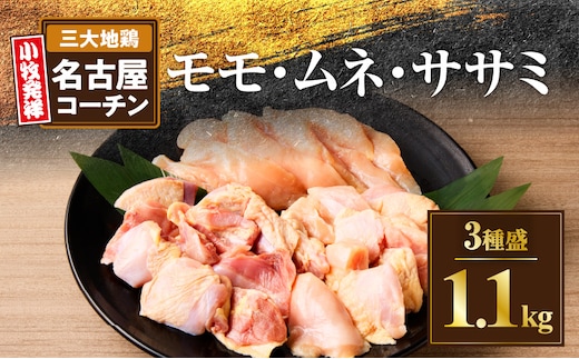 地鶏の王様名古屋コーチン3種盛1.1kg大満足セット［鶏肉 コーチン肉 名古屋コーチン肉 地鶏 冷凍鶏肉 冷凍肉 三大地鶏肉 鶏肉 大容量鶏肉 鶏もも肉 鶏モモ肉 鶏むね肉 鶏ムネ肉 鶏ささみ肉 鶏ササミ肉 焼き鳥 焼鳥 焼肉 蒸し鶏 親子丼］