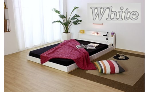 【組立サービス付】268 ダブルサイズ 棚コンセント照明付フロアベッド 国産ポケットコイルマットレス(108618)付(ホワイト)（1518）