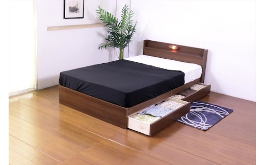 【組立サービス付】361 ダブルサイズ 棚照明コンセント引出付きベッド 国産ボンネルコイルマットレス(10816B)付(ウォルナット)（1549）