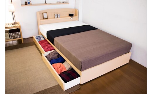 【組立サービス付】A322 ダブルサイズ 棚コンセント引き出し付きカントリー調ベッド 国産ポケットコイルマットレス(108618)付(ナチュラル)（1583）
