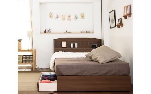 【組立サービス付】A322 ダブルサイズ 棚コンセント引き出し付きカントリー調ベッド 国産ポケットコイルマットレス(108618)付(ウォルナット)