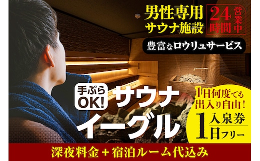 【ふるさと納税限定】 サウナイーグル１日フリー入泉券（深夜料金・宿泊ルーム代込み。１日何度でも出入り自由） （1708）