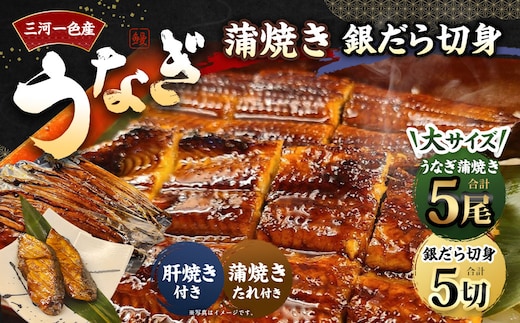 三河一色産 うなぎ蒲焼き大5尾+銀たら照り焼き5切れ（1切れ60g以上）｜ 蒲焼きたれ 肝焼き お魚 湯煎 惣菜 セット 簡単調理 冷凍 幸田町 送料無料