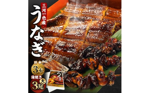  三河一色産 うなぎ蒲焼き 大3尾 + 肝串焼き 3本 蒲焼タレ 肝串焼き 鰻 お魚 湯煎 惣菜 セット 簡単調理 冷凍 幸田町 送料無料