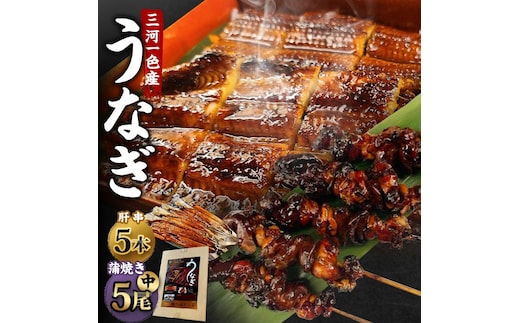 三河一色産 うなぎ蒲焼き 中5尾 ＋ 肝串焼き 5本 蒲焼タレ 肝串焼き 鰻 お魚 湯煎 惣菜 セット 簡単調理 冷凍 幸田町 送料無料