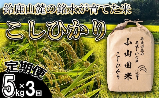＜定期便＞【令和8年度】新米 こしひかり（精米）5kg【3ヶ月】鈴鹿山麓の銘水が育てた米l 米どころ 三重県産 小山田地区 小山田米 米 コメ 白米 精米