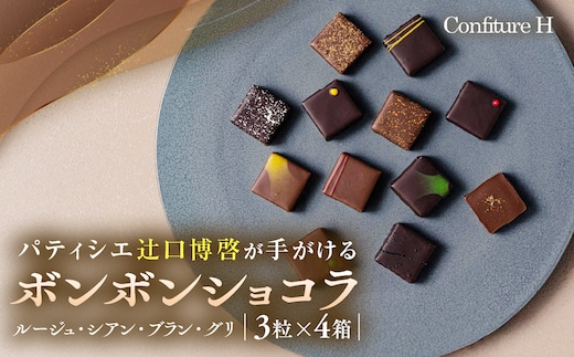 VISONオリジナルボンボンショコラ（ルージュ・シアン・ブラン・グリ）4箱セット ショコラ ボンボン チョコレート 詰め合わせ 12種 3個セット 個包装 和風 調味料 お酒 お茶 フルーツ 贈答品 贈答用 ギフト 三重県 多気町 コンフィチュールアッシュ VCH-01