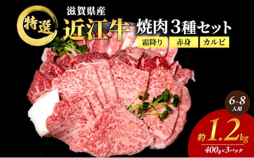 近江牛 特選 焼肉 3種盛り 約1.2kg(6～8人用) 国産 牛肉 牝牛 ブランド牛 3パック 滋賀県 豊郷町 BBQ バーベキュー