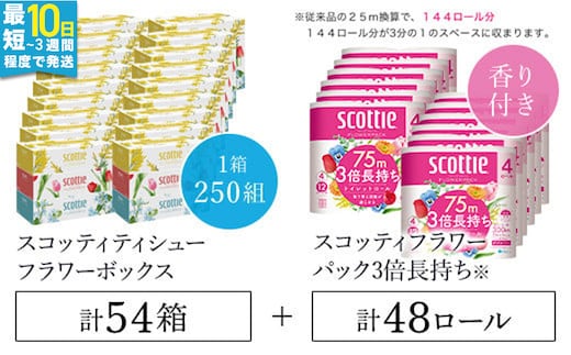 【ボックスティッシュ54箱＋トイレットロール48ロール セット】スコッティ ティシュー フラワーボックス 250組 54箱 (1ケース3箱×18パック) と スコッティ フラワーパック 3倍長持ち 48ロール （4ロール×12パック）/ 日用品 ティッシュ トイレットペーパー セット 消耗品 備蓄 防災 大容量 大人気 おすすめ 肌触り 日本製 たっぷり 国産 クレシア まとめ買い ストック