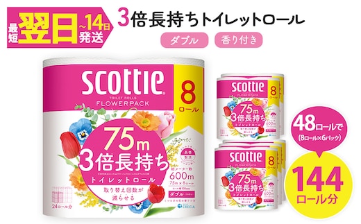 スコッティ フラワーパック トイレットロール 3倍長持ち (8ロール (ダブル)×6パック・計48ロール)【fc-AS009】【日本製紙クレシア株式会社】