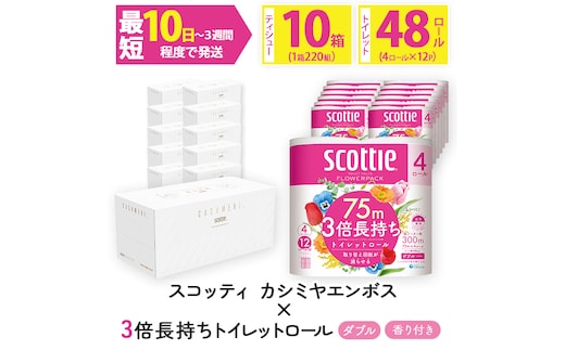 ＜ボックスティッシュ＆トイレットロールセット＞スコッティ カシミヤエンボス 10箱＆スコッティ フラワーパック 3倍長持ち ダブル 48ロール (カシミヤエンボス：10箱・フラワーパック：4ロール×12パック)【fc-AS008】【日本製紙クレシア株式会社】