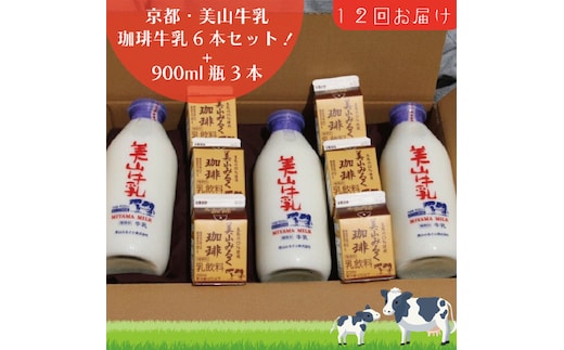 牛乳 定期便 12ヶ月 京都 美山牛乳 瓶 900ml ×3本 珈琲牛乳 200ml ×6本 詰め合わせ セット 美山町 お取り寄せ コーヒー牛乳 パック 定期 お楽しみ 12回 ※北海道・沖縄・離島への発送不可 