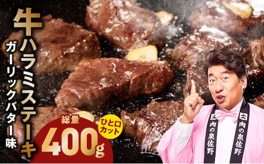 【ひと口カット】牛ハラミステーキ 400g【200g×2P ガーリックバター味 お試し 小分け カット済み 牛肉 訳あり サイズ不揃い 焼くだけ】 005A784-1