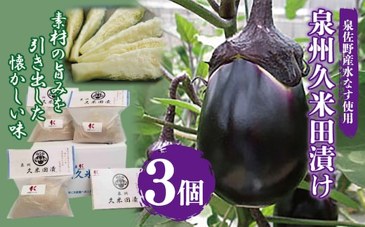 泉州特産 水なす ぬか漬け 3個【泉州久米田漬け 水茄子 なす 旬 野菜 おつまみ ギフト 贈り物】 005A194