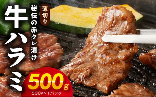 【お試し】牛ハラミ肉 500g 薄切り スライス 小分け 訳あり サイズ不揃い 秘伝の赤タレ漬け 焼肉 牛肉 005A760