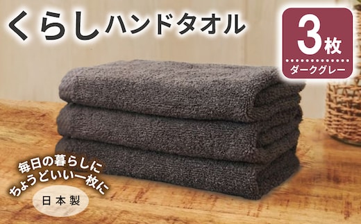 くらしハンドタオル 3枚 ダークグレー【泉州タオル たおる 国産 吸水 普段使い シンプル 日用品 家族 ファミリー】 005A799