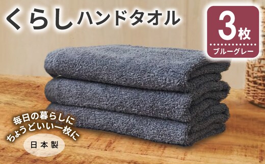 くらしハンドタオル 3枚 ブルーグレー【泉州タオル たおる 国産 吸水 普段使い シンプル 日用品 家族 ファミリー】 005A802