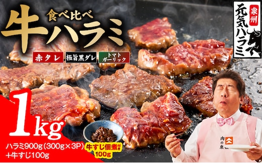 【3種食べ比べ】牛ハラミ 総量 1kg（ハラミ 300g×3P+牛すじ 100g）【牛肉 はらみ 小分け 焼肉 お弁当 BBQ 訳あり ワケアリ わけあり サイズ不揃い 規格外 TVで話題 大阪 泉佐野 大阪府 泉佐野市】 010B1968