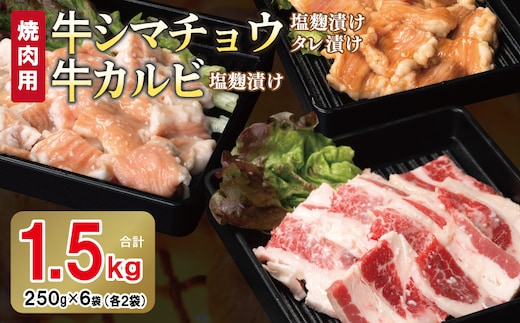 牛シマチョウ（タレ漬け+塩麹）＆塩麹漬け牛カルビの焼肉セット 合計1.5Kg（1袋250ｇ×各2袋） 【味付け 小分け 焼くだけ 簡単調理 BBQ 牛肉 ホルモン 250g×6袋】 G3351