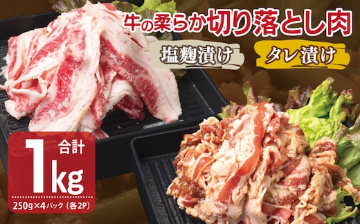 牛肉 切り落とし タレ漬け+塩麹漬け 合計1kg（250g×各2袋） 【味付け 小分け 焼くだけ 簡単調理 BBQ 牛肉 250g×4袋】 G3354