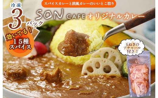 【圧倒的企業努力】15種スパイスを使用したSONカフェ特製カレー 200g×3P&玉ねぎのアチャール×1P いずみピクルス NSW 099H3782