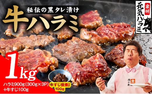【新登場】極旨黒ダレ 牛ハラミ 総量 1kg（ハラミ 300g×3P+牛すじ 100g）【牛肉 はらみ 小分け 焼肉 お弁当 BBQ 訳あり ワケアリ わけあり サイズ不揃い 規格外 TVで話題 大阪 泉佐野 大阪府 泉佐野市】 010B1966