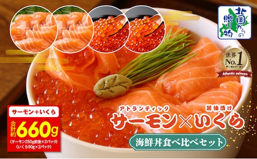 アトランティック サーモン 250g×2P & いくら醤油漬け 80g×2P【北国からの贈り物 食べ比べ セット 小分け 海鮮丼 お楽しみ 冷凍】 015B550