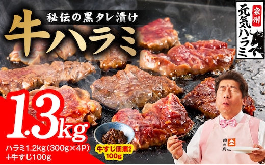 【新登場】極旨黒ダレ 牛ハラミ 総量 1.3kg（ハラミ 300g×4P+牛すじ 100g）【牛肉 はらみ 小分け 焼肉 お弁当 BBQ 訳あり ワケアリ わけあり サイズ不揃い 規格外 TVで話題 大阪 泉佐野 大阪府 泉佐野市】 015B674