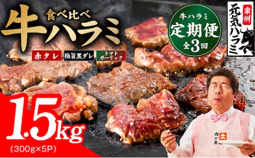 【食べ比べ定期便】牛ハラミ 1.5kg×全3回【牛肉 はらみ 小分け 焼肉 お弁当 BBQ 訳あり ワケアリ わけあり サイズ不揃い 規格外 TVで話題 大阪 泉佐野 大阪府 泉佐野市】 099Z587