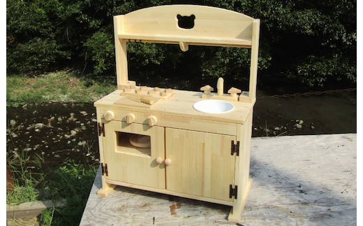 手作り木製「棚付き」ままごとキッチン 大型レンジ付き すかし入り DHK-R2 素材色バージョン 099H2129