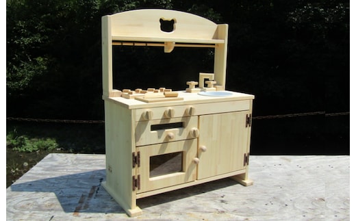 手作り木製「棚付き」ままごとキッチン 魚焼きグリル付き すかし入り GHK-R2 素材色バージョン 099H2215