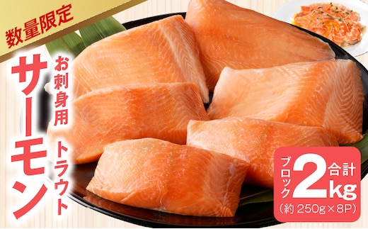 【期間限定】お刺身用 サーモン 2kg ブロック 小分け 約250g×8P ポーション 柵 訳あり サイズ不揃い kgp0049