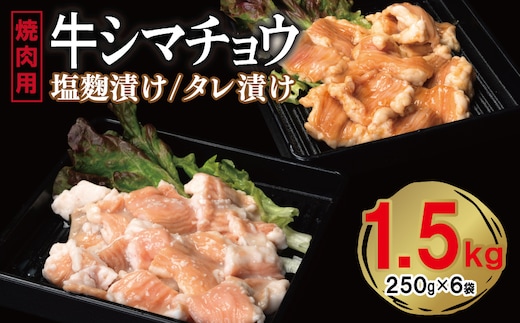 牛シマチョウ 焼肉用 塩麹・タレ漬けセット 合計1.5kg【味付け 小分け 焼くだけ 簡単調理 BBQ 牛肉 ホルモン 250g×6袋】 G3382