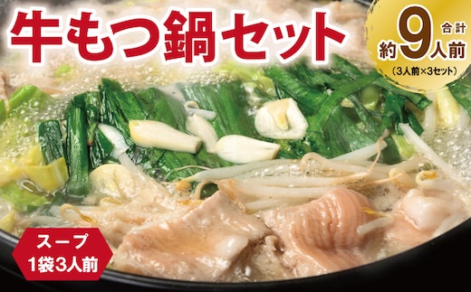 牛もつ鍋セット スープ付 合計約9人前【味付け 小分け 牛肉 ホルモン 醤油ベーススープ 簡単調理 3人前×3セット】 G3385