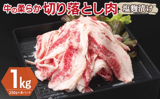 牛肉 切り落とし 塩麹漬け 合計1kg【味付け 小分け 焼くだけ 簡単調理 BBQ 牛肉 250g×4袋】 G3392