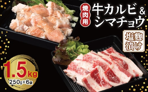 牛カルビ＆シマチョウ 塩麹漬け 焼肉セット 合計1.5kg【味付け 小分け 焼くだけ 簡単調理 BBQ 250g×6袋 牛肉 ホルモン】 G3401