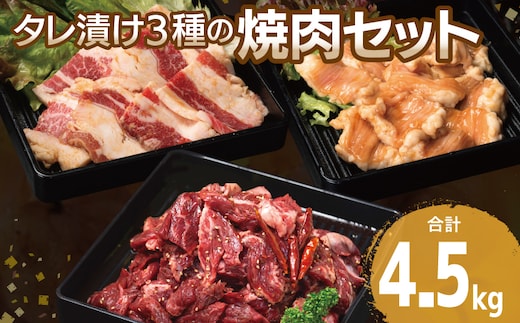【タレ漬け3種の牛焼肉セット】 満足牛ハラミ・牛カルビ・シマチョウ 合計4.5kg【味付け ハラミ 小分け 焼くだけ 簡単調理 BBQ 牛肉 250g×各6P】 G3418