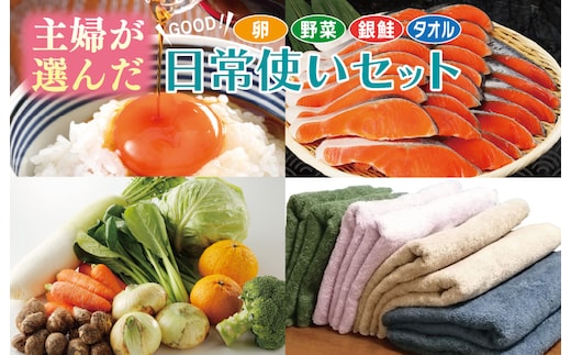 主婦が選んだ 日常使い セット（銀鮭 切り身 たまご 野菜 泉州タオル）【別送】 099S017