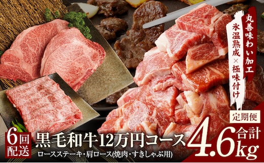 黒毛和牛 定期便 全6回 （ステーキ／焼肉／すき焼き・しゃぶしゃぶ） 12万円コース 丸善味わい加工【毎月配送コース】 mrzZ004
