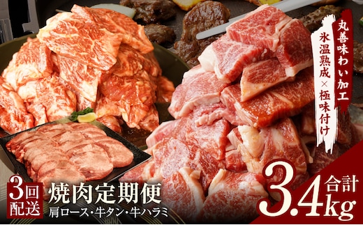 焼肉定期便 総量3.4kg（肩ロース／牛タン／牛ハラミ）全3回 丸善味わい加工【毎月発送コース】 mrzZ009