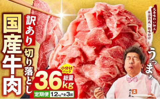 【定期便】国産 牛肉 切り落とし 1.2kg×全3回 総量 3.6kg【国産 牛肉 氷温熟成×極味付け 訳あり サイズ不揃い カレー 牛丼 野菜炒め 肉じゃが 家計応援 毎月配送コース】 mrzZ005