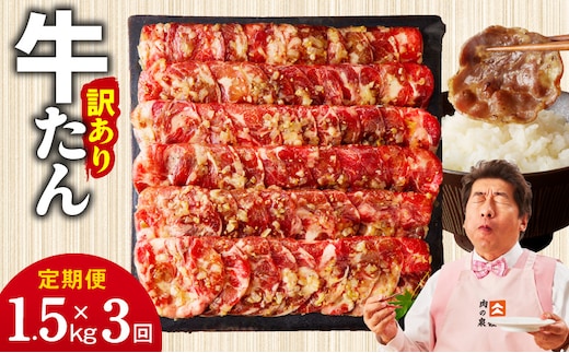 牛たん三昧 定期便 1.5kg×3回【ねぎ塩 牛タン 成型 小分け 250g×6 牛肉 焼肉用 薄切り 訳あり サイズ不揃い】 099Z384